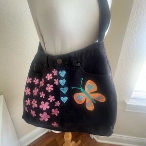 Donna Karen Recycled Black Jean Bag. Hand Painted Floral and Butterfly Design.